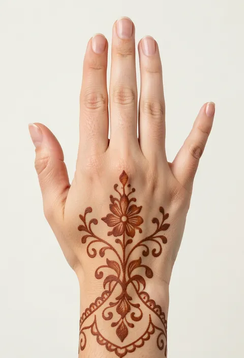 For-girls back-hand mehndi design with a central floral spray, curling vines and a scalloped border