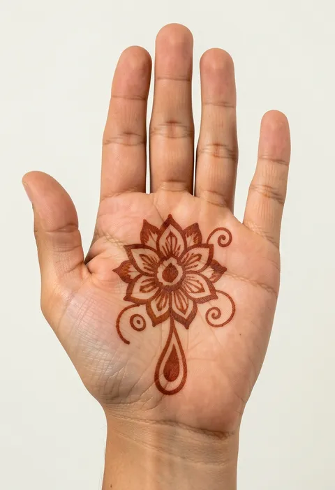 For-girls front-hand mehndi design with a central palm bloom, spiral swirl and teardrop paisley