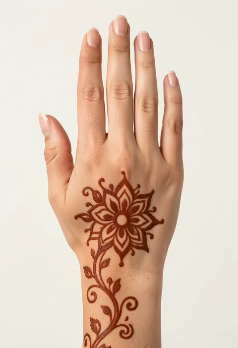 Arabic back-hand mehndi design with a floral mandala and a leafy vine trailing to the wrist