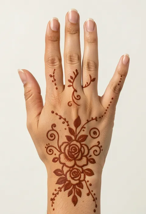 For-girls back-hand mehndi design with rose swirls and dotted vines running down the fingers