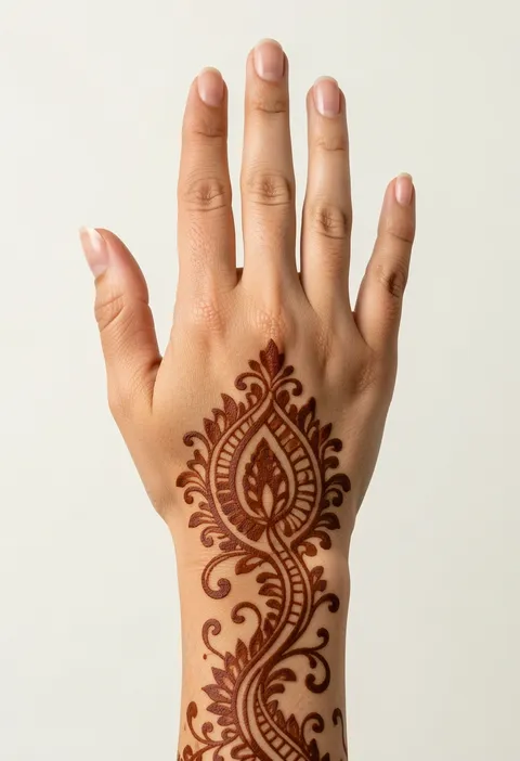 Bridal back-hand mehndi design with an ornate paisley medallion trailing from wrist to knuckles