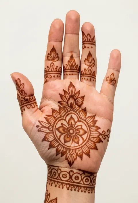 Bridal front-hand mehndi design with a central floral medallion, finger caps and a wrist cuff band