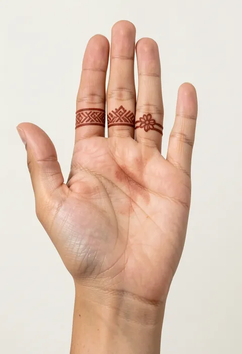 Minimal front-hand mehndi design with slim patterned finger band cuffs and a small floral accent