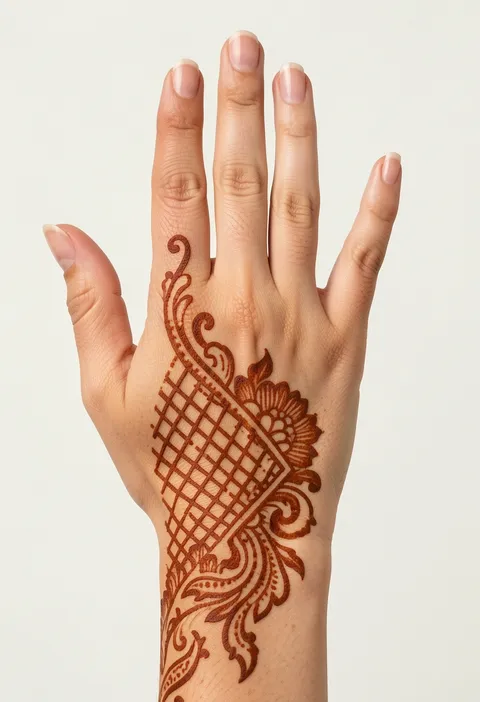 Arabic back-hand mehndi design with a diagonal jaali net panel and a bold floral cluster