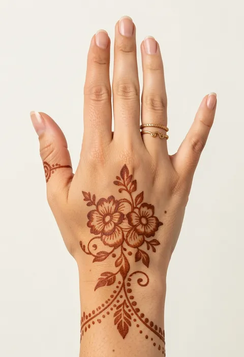 For-girls back-hand mehndi design with a twin-flower cluster and a fine dotted vine to the wrist