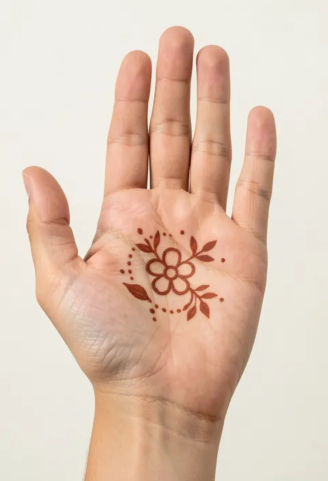 For-kids front-hand mehndi design with one simple central flower, small leaves and dotted accents
