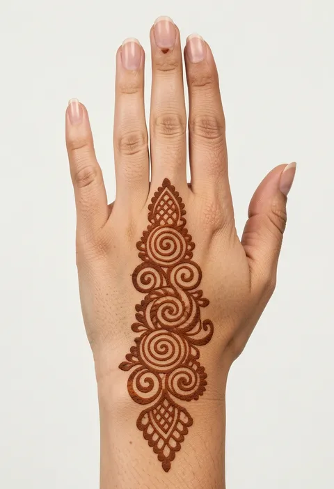 Bridal back-hand mehndi design with a central column of spiral florets and jaali net tips