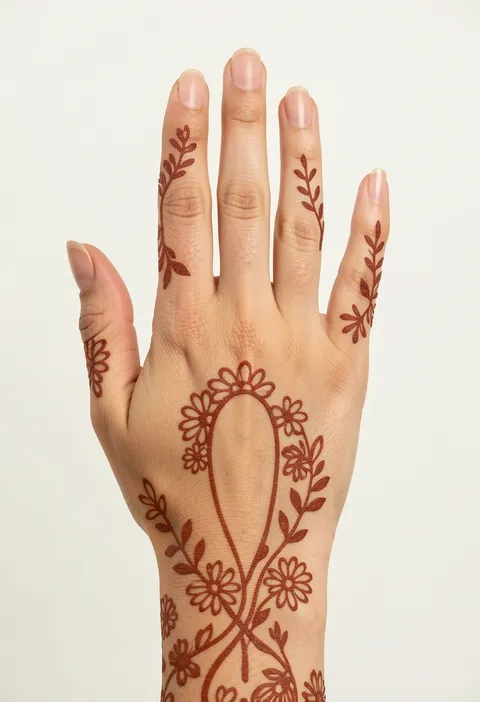 Minimal back-hand mehndi design with a central teardrop loop of daisies and leafy finger trails