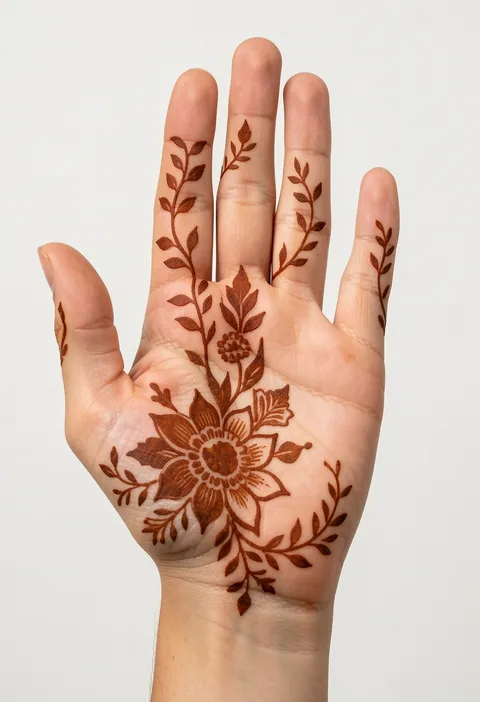 Arabic front-hand mehndi design with a floral palm mandala and leafy vine trails up each finger