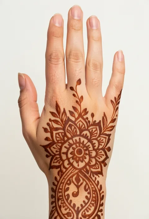 Arabic back-hand mehndi design with a concentric mandala flower and leafy paisley trail to the wrist