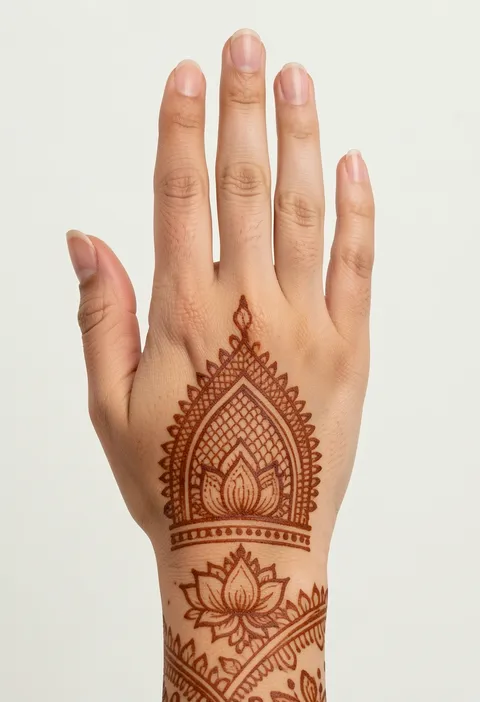 Back-hand bridal mehndi design with an arched dome and lotus core rising from the wrist