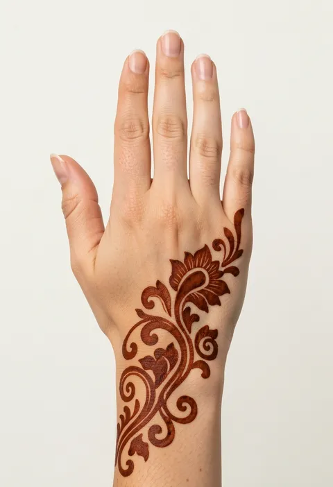 Back-hand Arabic mehndi design with a bold diagonal floral and paisley trail from the wrist