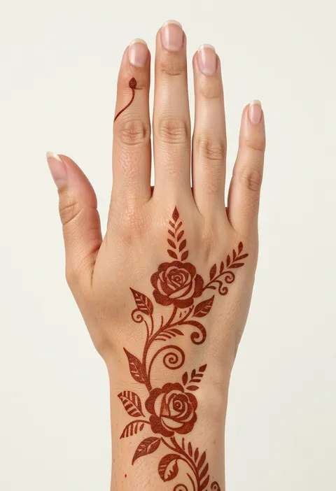 Back-hand mehndi design for girls with a spiralling rose-and-leaf vine and two blooms