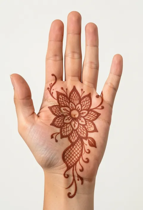 Front-hand Arabic mehndi design with a layered flower-fan and fine net jaali shading on the palm