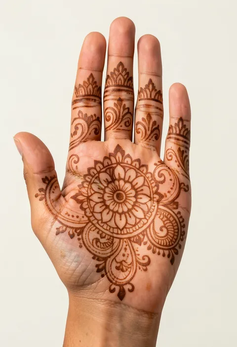 Front-hand bridal mehndi design with a round palm medallion flower and striped finger bands