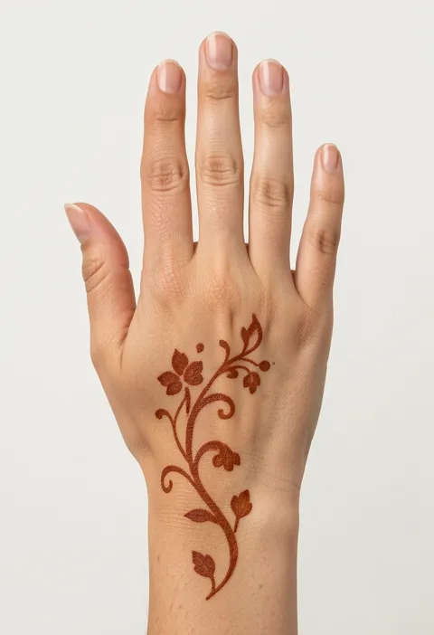 Minimal back-hand mehndi design with a single delicate floral swirl vine and airy negative space