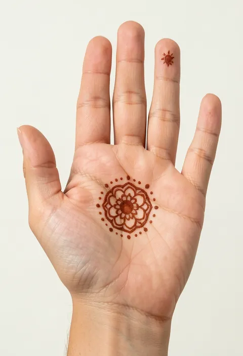Simple front-hand mehndi design for kids with a small round flower mandala and tiny sun accent