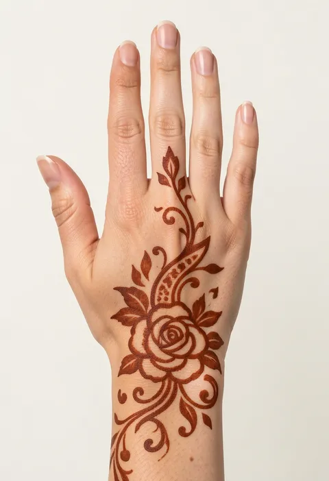 Arabic back-hand mehndi design with a bold rose cluster and paisley vines trailing up two fingers