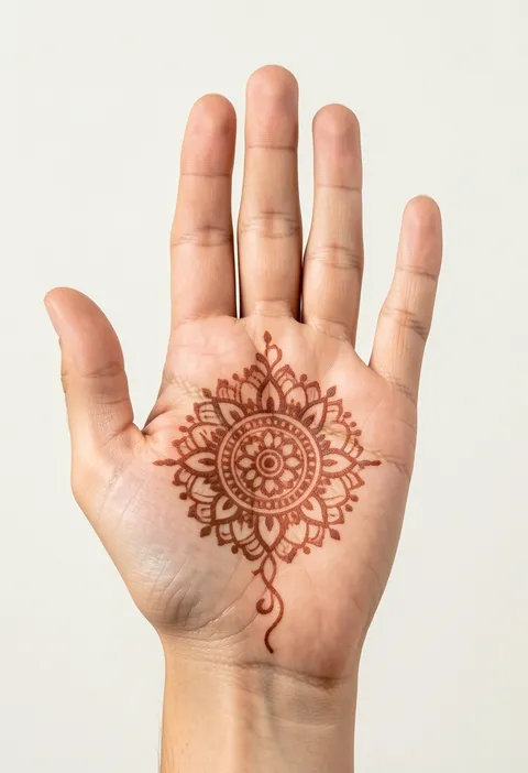 For-girls front-hand mehndi design with a neat round floral mandala centred on the palm