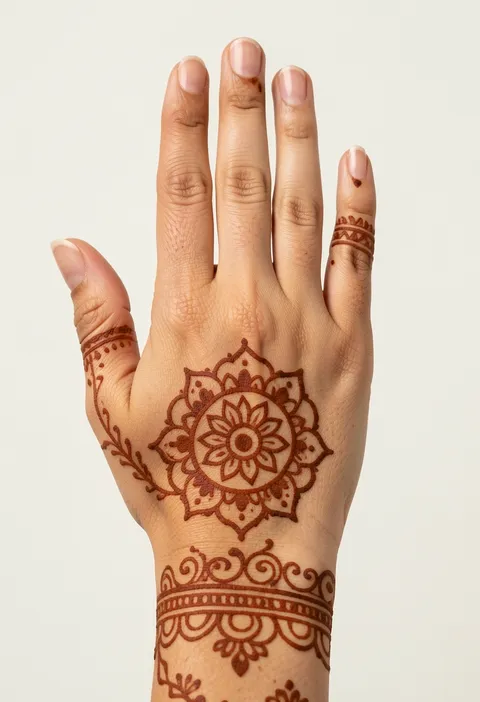 For-girls back-hand mehndi design with a round central mandala bloom and neat finger bands