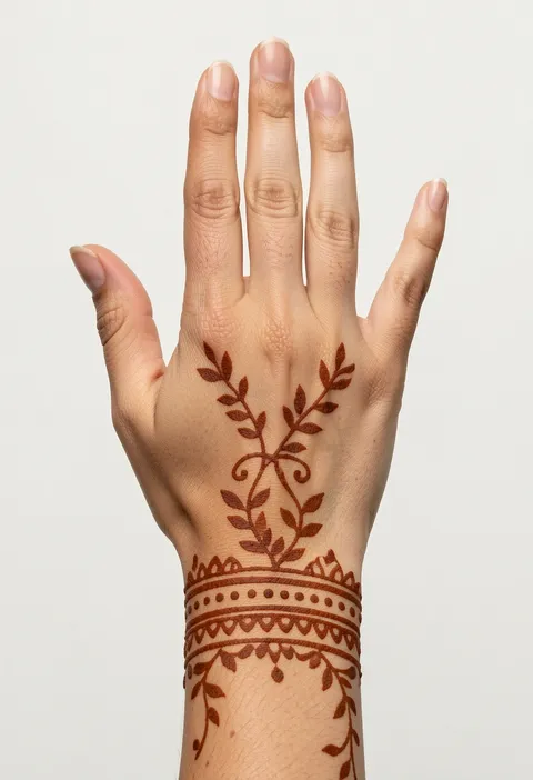 For-girls back-hand mehndi design with a dotted wrist cuff and leafy vine trails up two fingers
