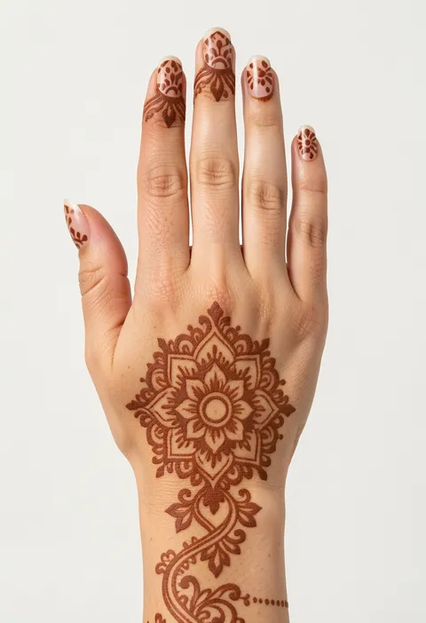 Bridal back-hand mehndi design with a central floral mandala medallion and decorated fingertips