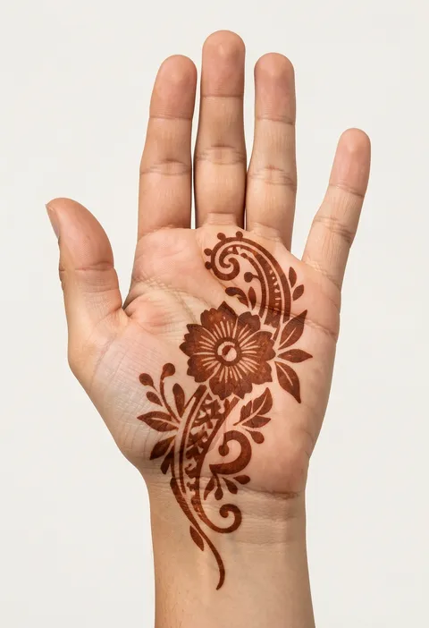 Arabic front-hand mehndi design with a bold central flower and flowing paisley trail across the palm