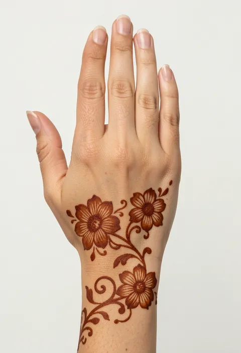 For-girls back-hand mehndi design with open blossoms and a swirling vine curling to the wrist
