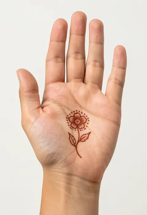 Minimal front-hand mehndi design with a single small flower and leafy stem on the palm