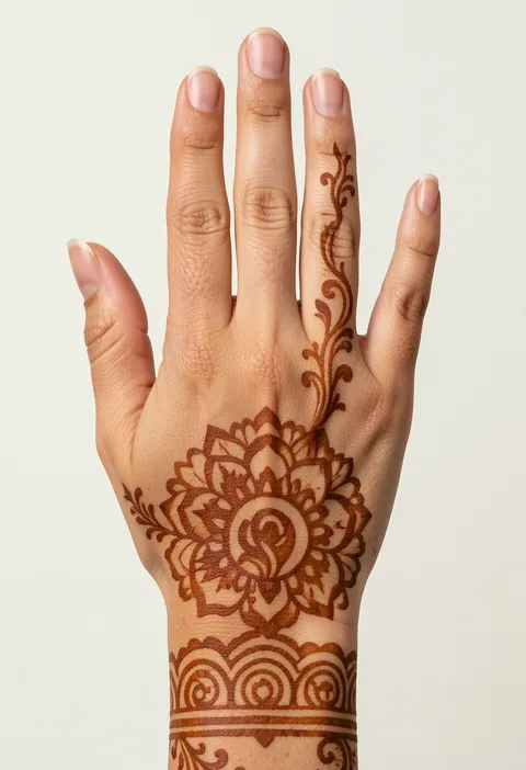 Arabic back-hand mehndi design with a central floral mandala, paisley finger vine and scalloped wrist cuff
