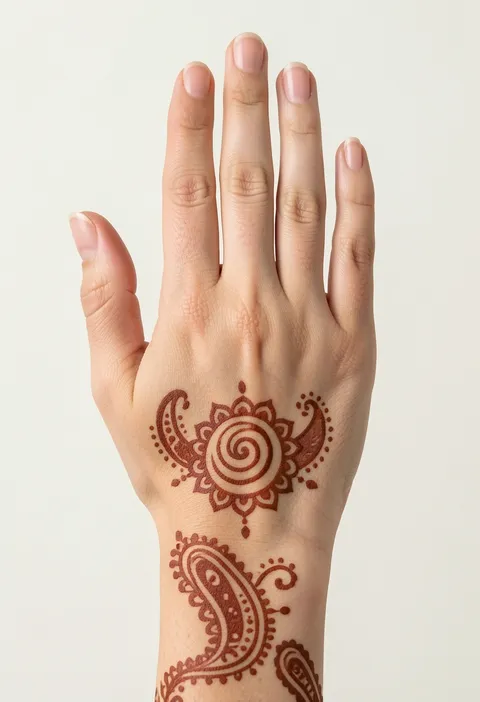 Minimal back-hand mehndi design with a small spiral flower mandala flanked by paisleys and a wrist motif