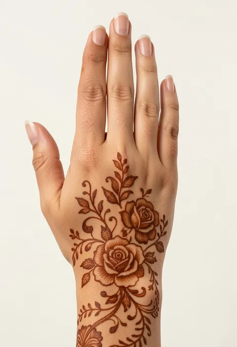 Bridal back-hand mehndi design with two detailed roses and climbing leafy vines