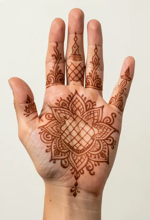 Bridal front-hand mehndi design with a palm mandala and paisley trails climbing the fingers