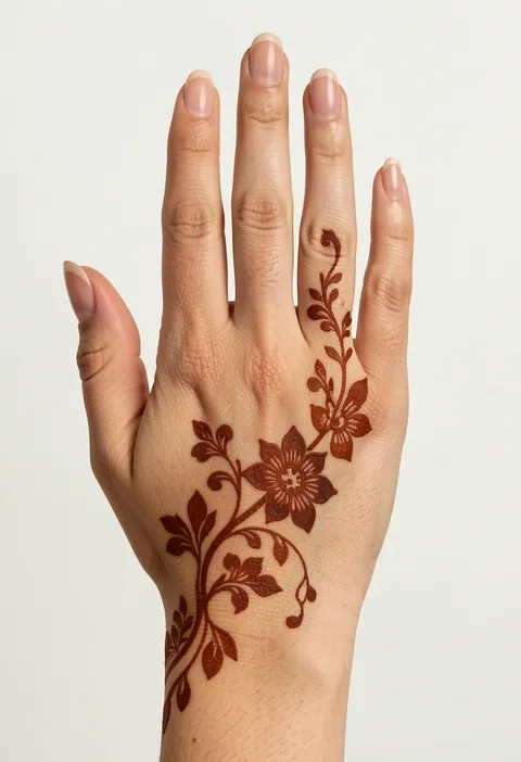 Arabic back-hand mehndi design with a diagonal floral vine and blossom trails up the fingers
