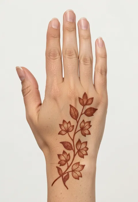 Minimal back-hand mehndi design with a single leafy floral strand running up the hand