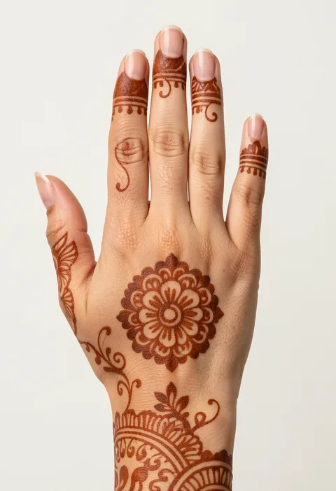 For-girls back-hand mehndi design with a round floral mandala and banded finger caps