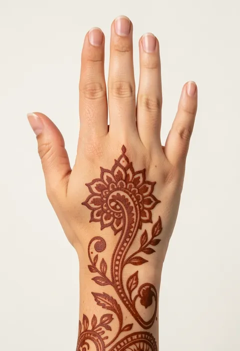 Arabic back-hand mehndi design with a paisley bloom, mandala and leafy vine trailing to the wrist