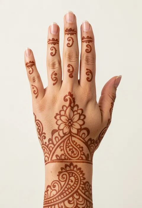 For-girls back-hand mehndi with finger swirls, floral caps and a central bloom over a wrist mandala