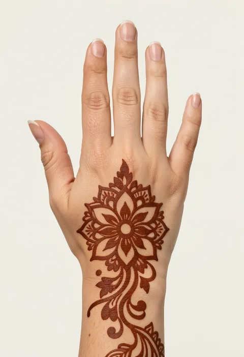 Arabic back-hand mehndi with a bold floral mandala and a swirling vine trailing to the wrist
