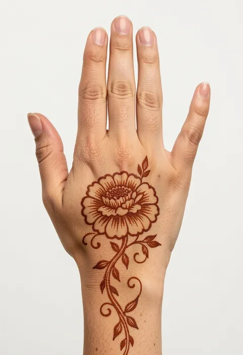 Back-hand mehndi design with a central marigold bloom and a leafy vine trailing toward the wrist