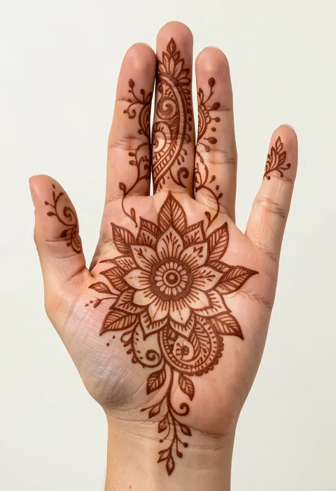 Bridal front-hand mehndi design with a large central flower mandala and fine vine trails up the fingers