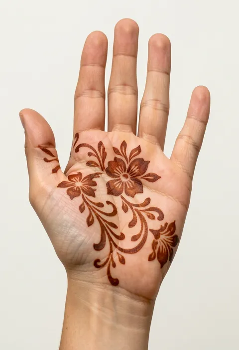 Arabic front-hand mehndi design with open blossoms and curling leafy vines sweeping across the palm