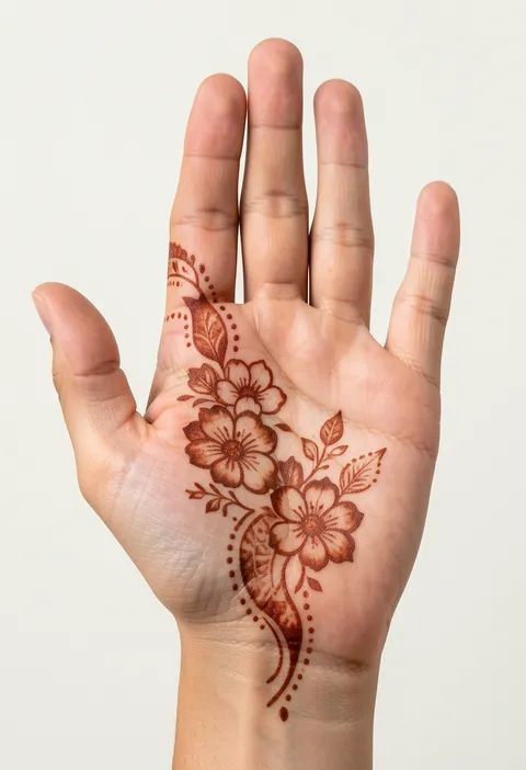 For-girls front-hand mehndi design with a floral spray of stacked blossoms curving up the palm