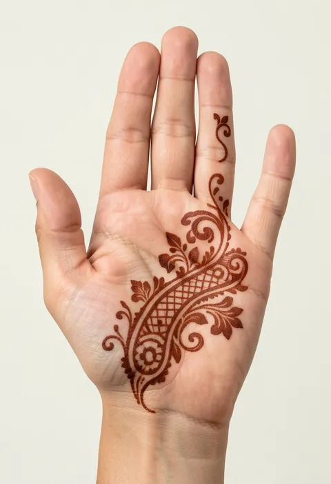 Arabic front-hand mehndi design with a flowing paisley-floral trail curving across the palm