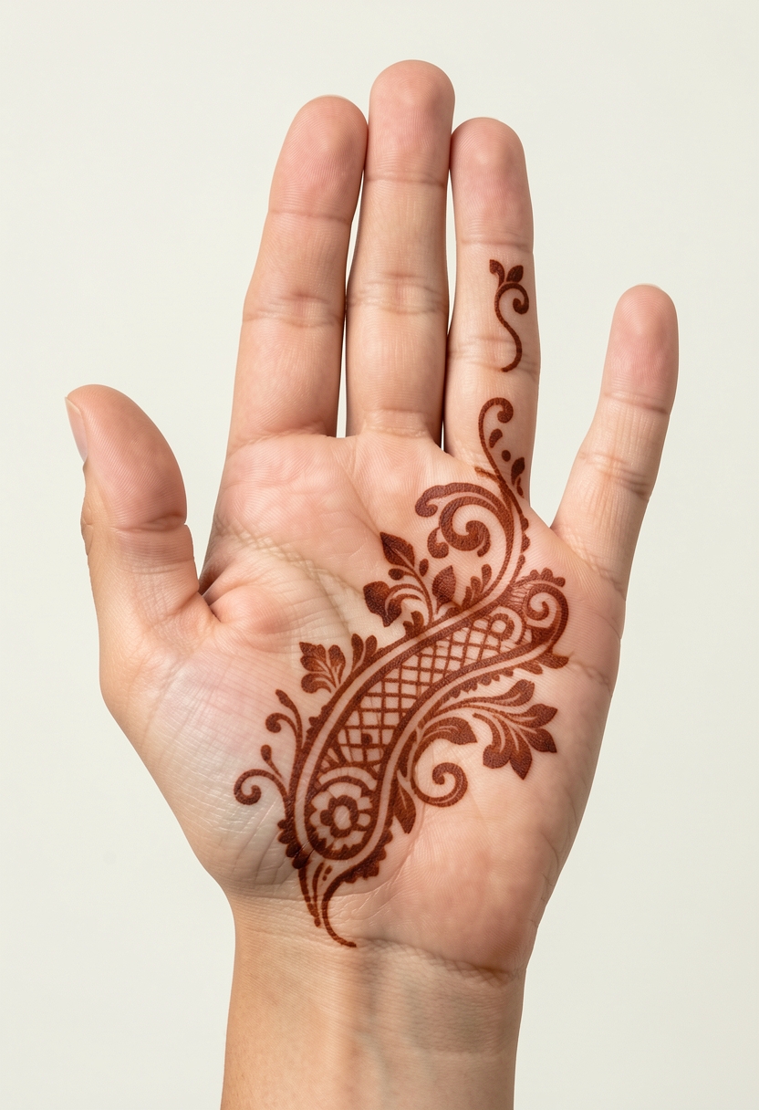 Arabic front-hand mehndi design with a flowing paisley-floral trail curving across the palm