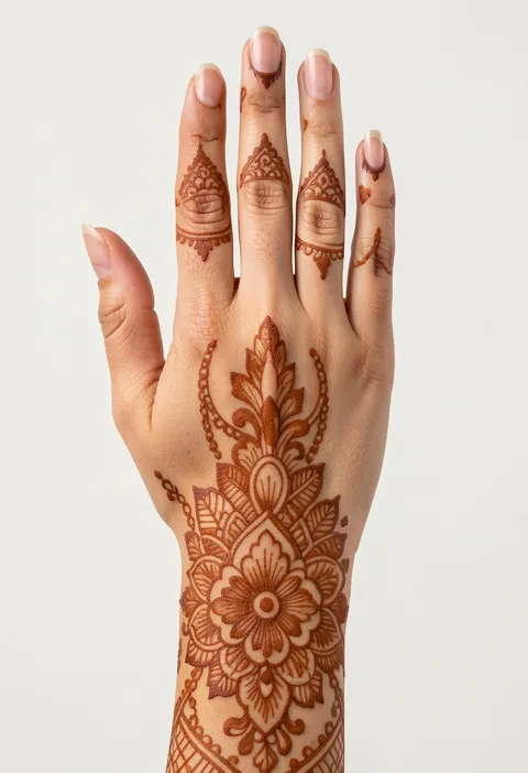 Bridal back-hand mehndi design with an ornate floral cluster and patterned finger caps