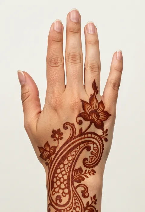 Arabic back-hand mehndi design with a bold paisley and floral vine sweeping across the hand