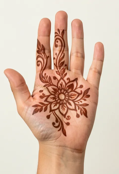 Arabic front-hand mehndi design with a flowing floral mandala and paisley leaf trails on the palm