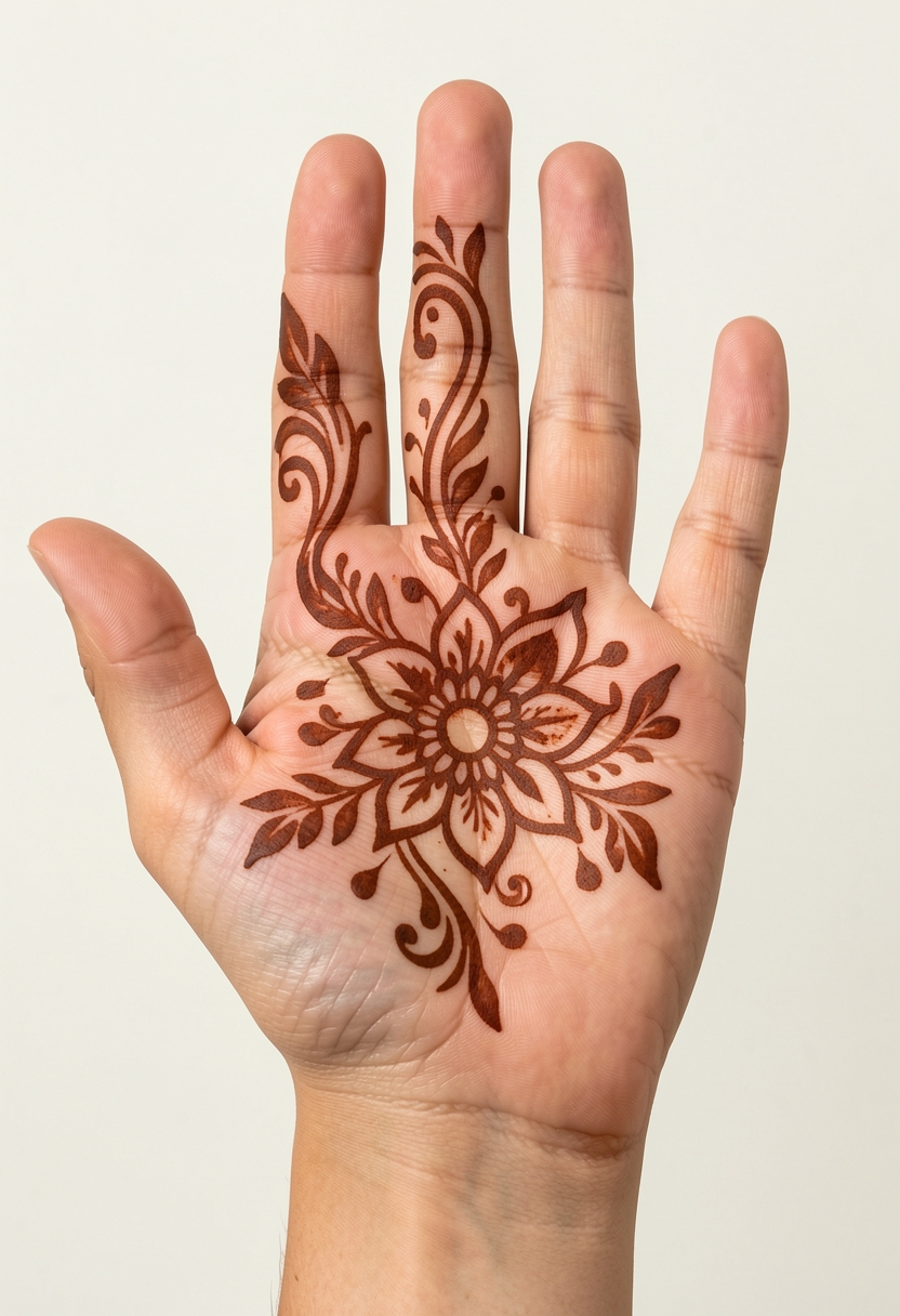 Arabic front-hand mehndi design with a flowing floral mandala and paisley leaf trails on the palm