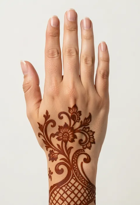 Arabic back-hand mehndi design with a bold floral spray, swirling paisley vines and jaali net cuff